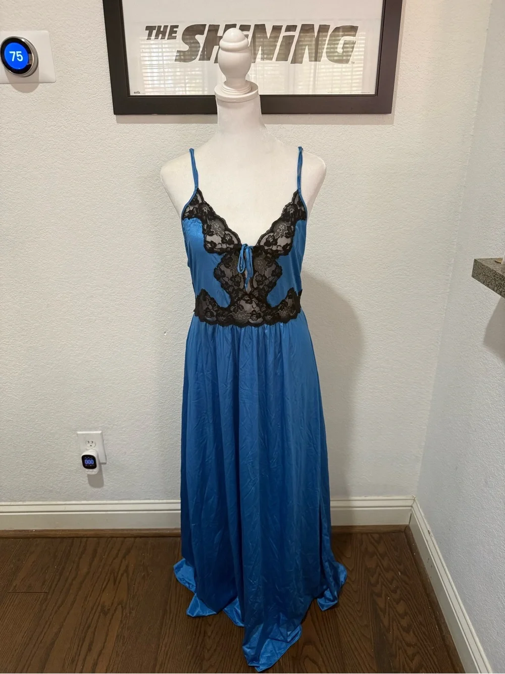 Vintage Diane Von Furstenberg Blue Maxi Slip Dress with Black Lace Trim